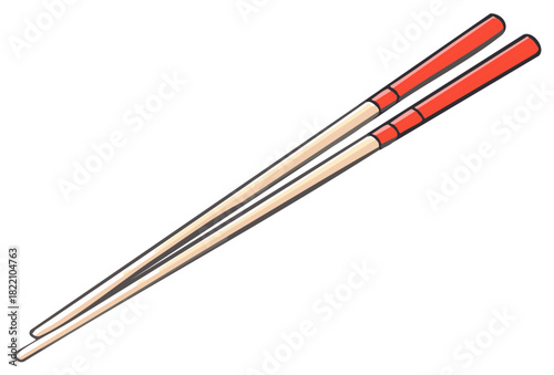 Pair of stylized wooden chopsticks with red accents for Asian cuisine