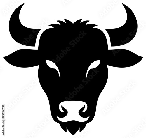 Black Silhouette of a Powerful Bull Head with Horns and Fierce Eyes