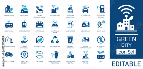Green City and Sustainable Living solid icon set. Contains symbols for Electric Car, Solar Panel, Net Zero, and Recycling. Flat vector design for environmental awareness and smart city projects.
