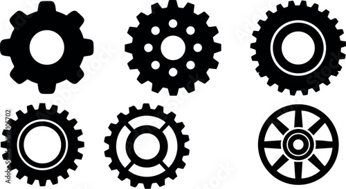 Set of six black gear icons with different tooth and hole designs for mechanical and industrial use vector illustration