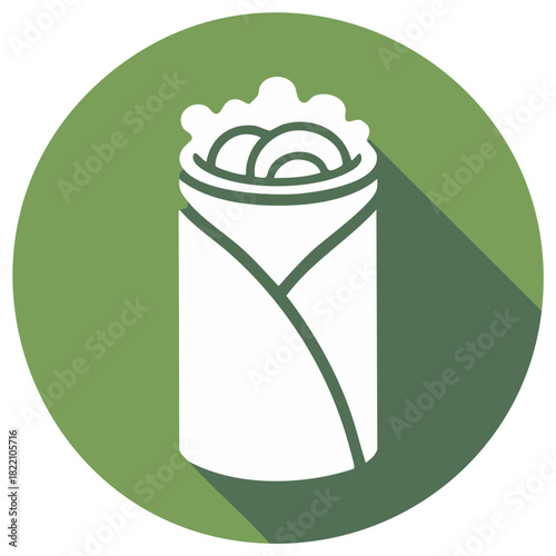 Stylized Street Food Wrap Icon in Green Circle with Modern Flat Design and Long Shadow