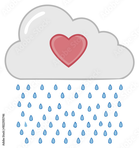 Grey cloud with red heart raining blue teardrops symbolizing love and sorrow