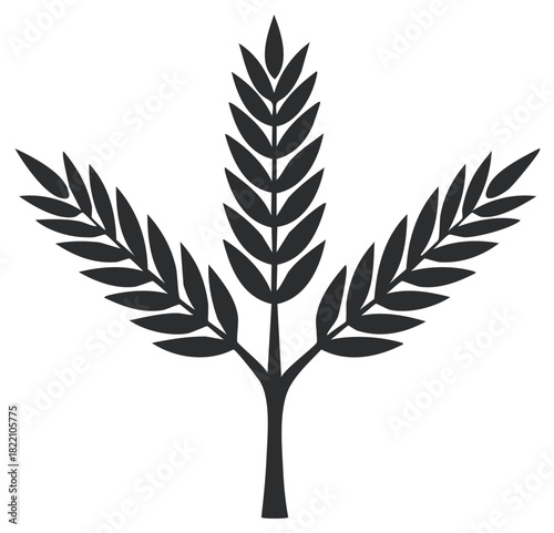 Stylized black wheat stalks with three growing branches isolated on white background
