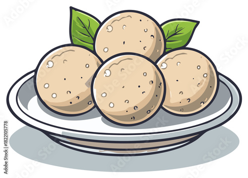Cartoon illustration of meatballs served on a plate with fresh herb garnish