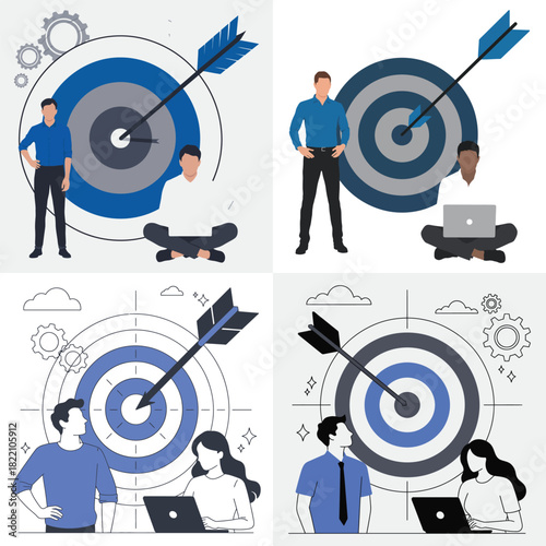 Target and arrows with a man aiming for business success and accuracy on the dartboard bullseye concept symbol
