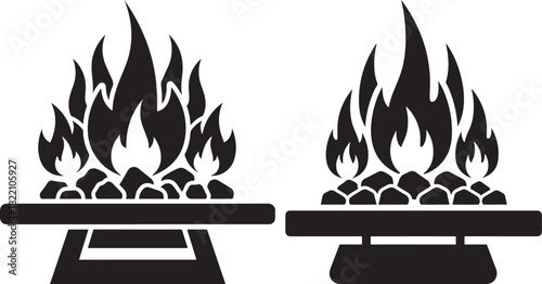 Two black silhouette icons of campfires with flames and logs