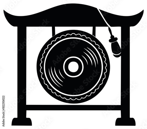 Black Silhouette of a Gong and Traditional Stand with Striker