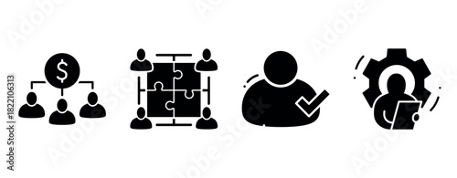 Business teamwork and project management icons with people and tools