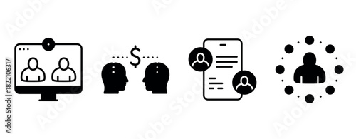 Black and white icons of video call, idea exchange, messaging, community