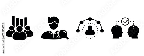 Black and white business icons: teamwork, leader, connections, skills