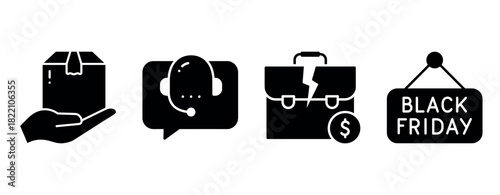 Black friday icons featuring delivery, customer service, briefcase, and sale sign
