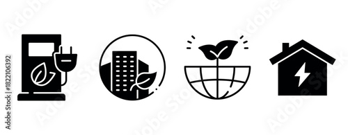 Eco-friendly energy symbols: electric charging, urban greening, sustainable growth, solar home