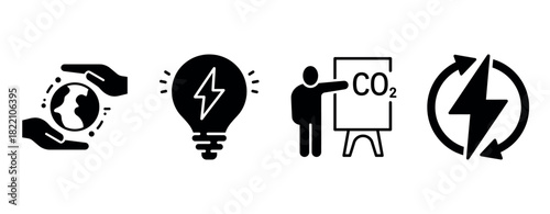 Energy conservation and environmental protection icons in black and white