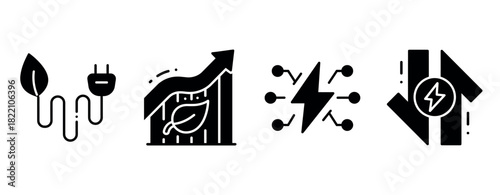 Sustainable energy icons: growth chart, electric plug, power, leaf symbols