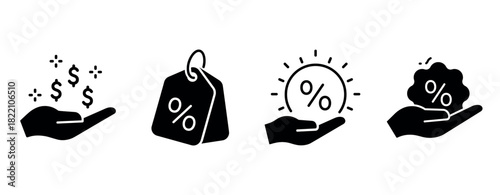 Hand icons with dollar signs, discount tags, percentage symbols, and cloud emblem