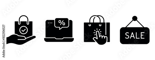 E-commerce icons: shopping bag, laptop, touch screen, sale sign illustration