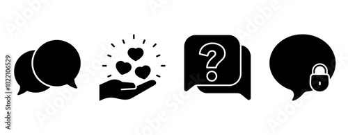 Communication and security icons: speech bubbles, hearts, lock, question mark