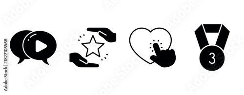 Set of icons: social interaction, favorite selection, heart click, third place medal