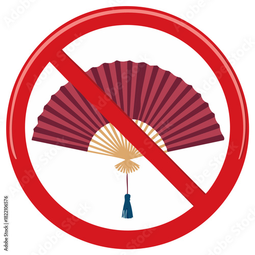 Fan Prohibition Symbol: Decorative Hand Fan Banned, No Fan Allowed Concept