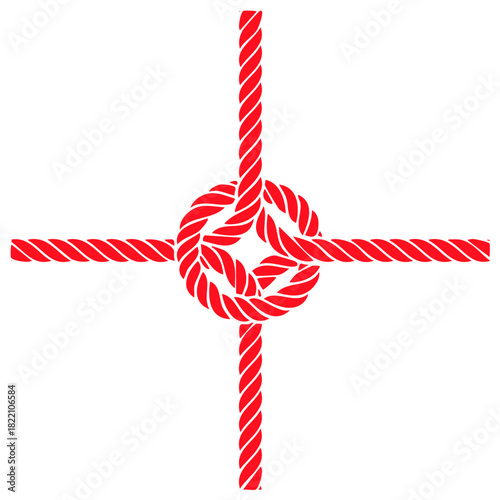 Red Rope knot with four rope ends abstract design isolated on a white background