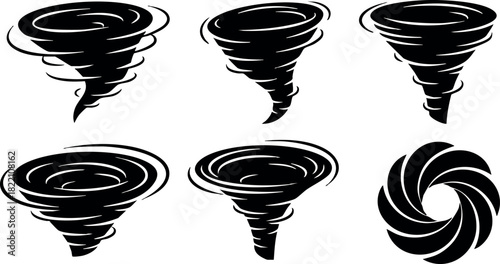 Tornado vector illustration set of six black cyclone spiral shapes swirl designs natural hazard symbols