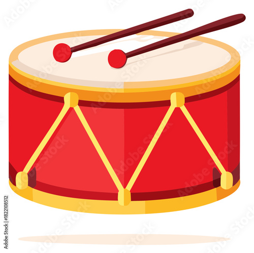 Classic red snare drum with drumsticks ready for a musical performance