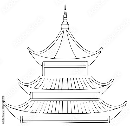 Traditional Asian Pagoda Line Art Drawing Spiritual Architecture Outline Illustration