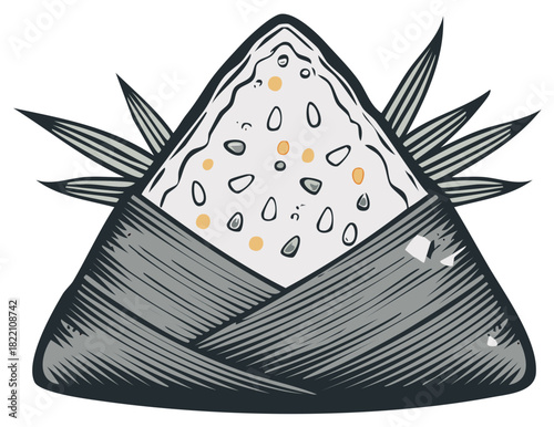 Hand drawn illustration of a zongzi a traditional Asian rice dumpling wrapped in leaves