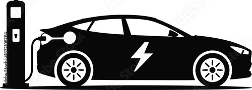 Sleek black silhouette of a modern electric car with clean lines and minimalist design for automotive and technology projects