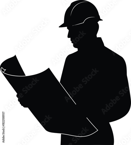 Striking black silhouette of a determined engineer with blueprints and a blue glow symbolizing innovation and technical expertise in a modern design