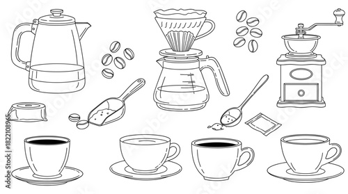 Coffee maker equipment vector set with espresso machines, cups, grinders, beans, kettles and brewing accessories illustrations.ai