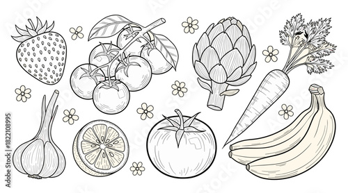Hand-drawn fruit and vegetable illustration set featuring strawberries, tomatoes, bananas, garlic, citrus, and organic sketch elements