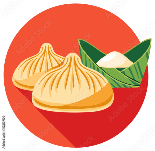 Dumplings Illustration, Asian Cuisine, Rice Package, Traditional Food, Red Circle, Banana Leaf, Isolated