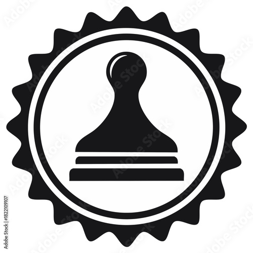 Chess pawn game piece silhouette in a serrated circular stamp or seal vector icon