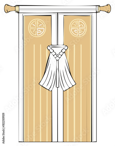 Ornate traditional Asian banner illustration with a symbolic crest and tassel