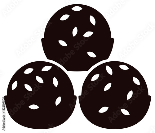 Three Dark Brown Rice Cakes, Minimalist Snack Food Illustration, Seeded Balls