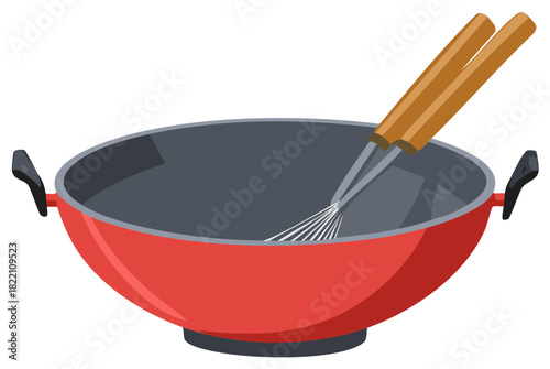 Empty red wok pan with cooking whisk, utensil. Isolated vector illustration.