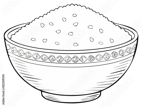Sketch of bowl of rice with decorative rim in grayscale
