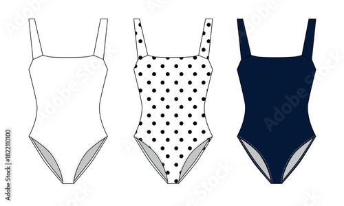 A set of vector illustrations of retro-style swimsuits in white, polka dot, and black colors. Blank template for a women's swimsuit. Sketch of clothing for swimming and summer recreation.