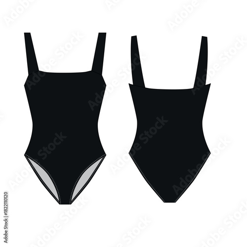 Vector illustration of a swimsuit, front and back view. Blank template of a black women's swimsuit. Sketch of clothing for swimming, diving, and summer recreation.