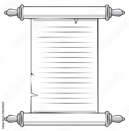 Hand Drawn Illustration of Ancient Scroll with Paper Page, Detailed Outline on White Background, Template for Historic Message