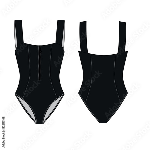 Vector illustration of a sports swimsuit with a zipper, front and back views. Template for a black women's swimsuit. Sketch of fashionable, stylish clothing for swimming and diving.