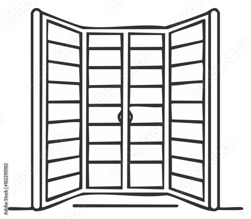 Doodle Style Doors with Louvers in an Open Position, Simple Line Drawing Illustration