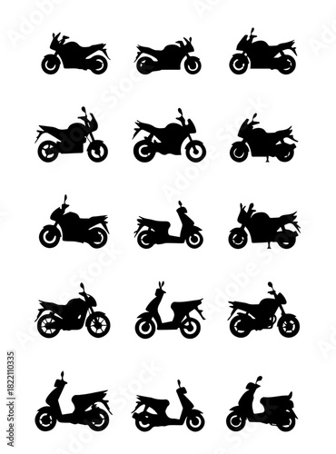 Mixed Motorcycle and Scooter Silhouettes: Vector Set of Fifteen Black Icons Representing Sport, Naked, and Moped Profiles for Wide Transport Applications.
