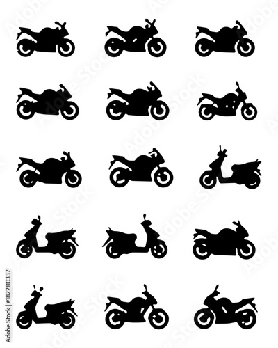 Fifteen Motorcycle and Scooter Silhouettes: Vector Icon Set of Sportbike, Naked Bike, and Moped Profiles for Transport Graphics, Apps, and Web Design.