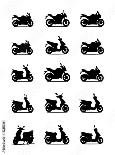 Fifteen Motorcycle and Scooter Silhouettes: Vector Icon Set of Sportbike, Naked Bike, and Moped Profiles for Transport Graphics, Apps, and Web Design.
