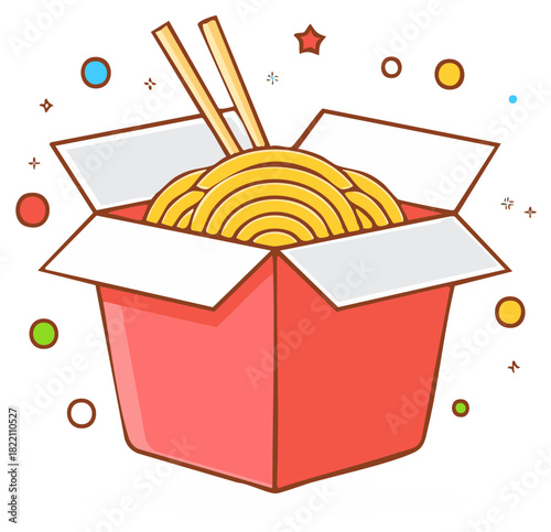 Delicious yellow noodles in a classic red takeout box with chopsticks food delivery concept
