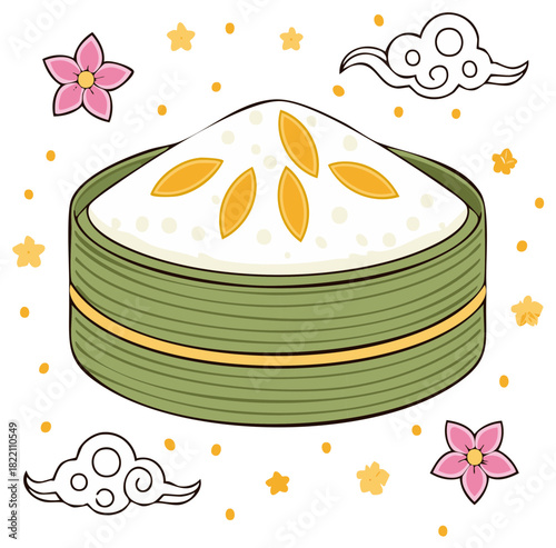 Festive Asian steamed rice cake in a bamboo steamer with flowers and clouds illustration