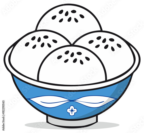 Stylized illustration of a blue bowl filled with white mochi balls topped with sesame seeds
