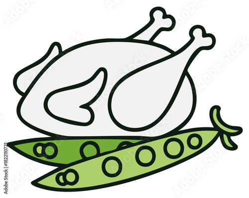 Stylized illustration of a whole chicken served with fresh green pea pods